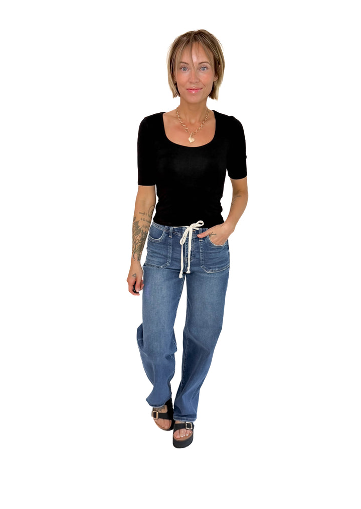 Natalia 1/2 Sleeve Jersey Knit Top- BLACK