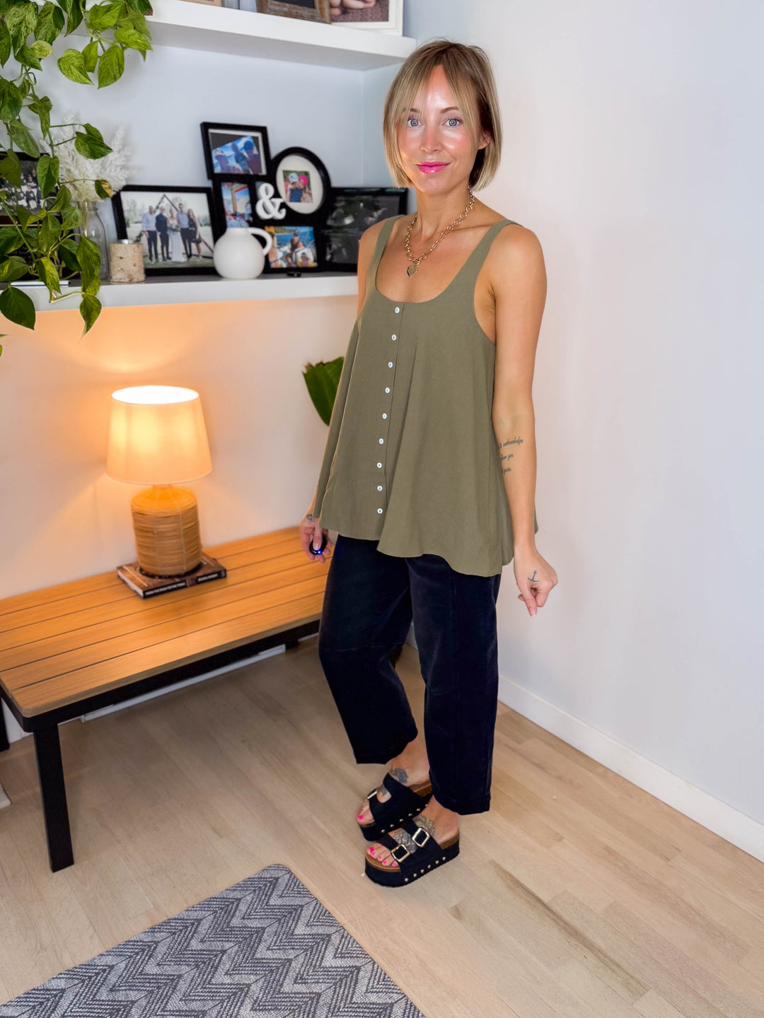 Kalli Cotton Gauze Button Tank- OLIVE