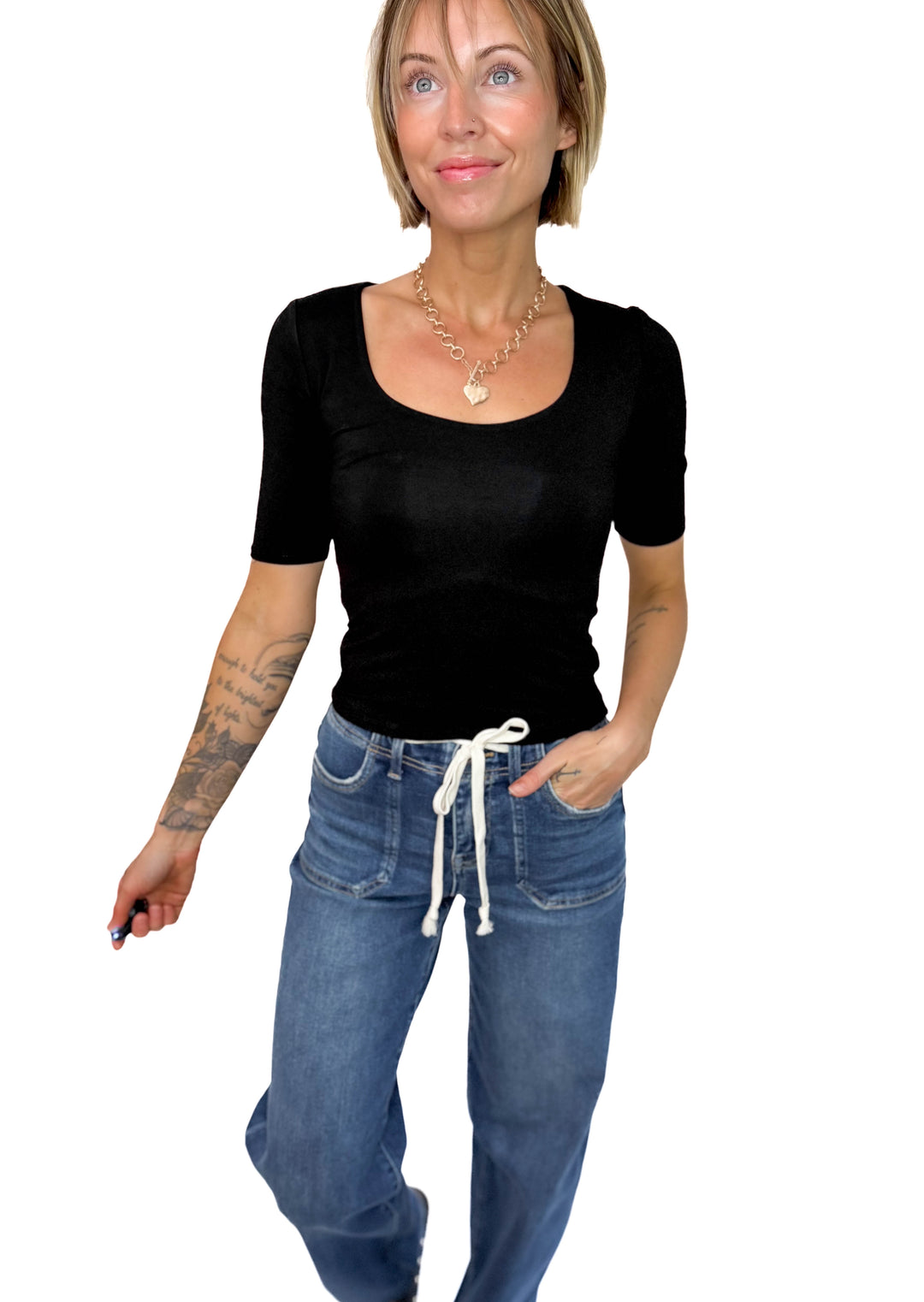 Natalia 1/2 Sleeve Jersey Knit Top- BLACK