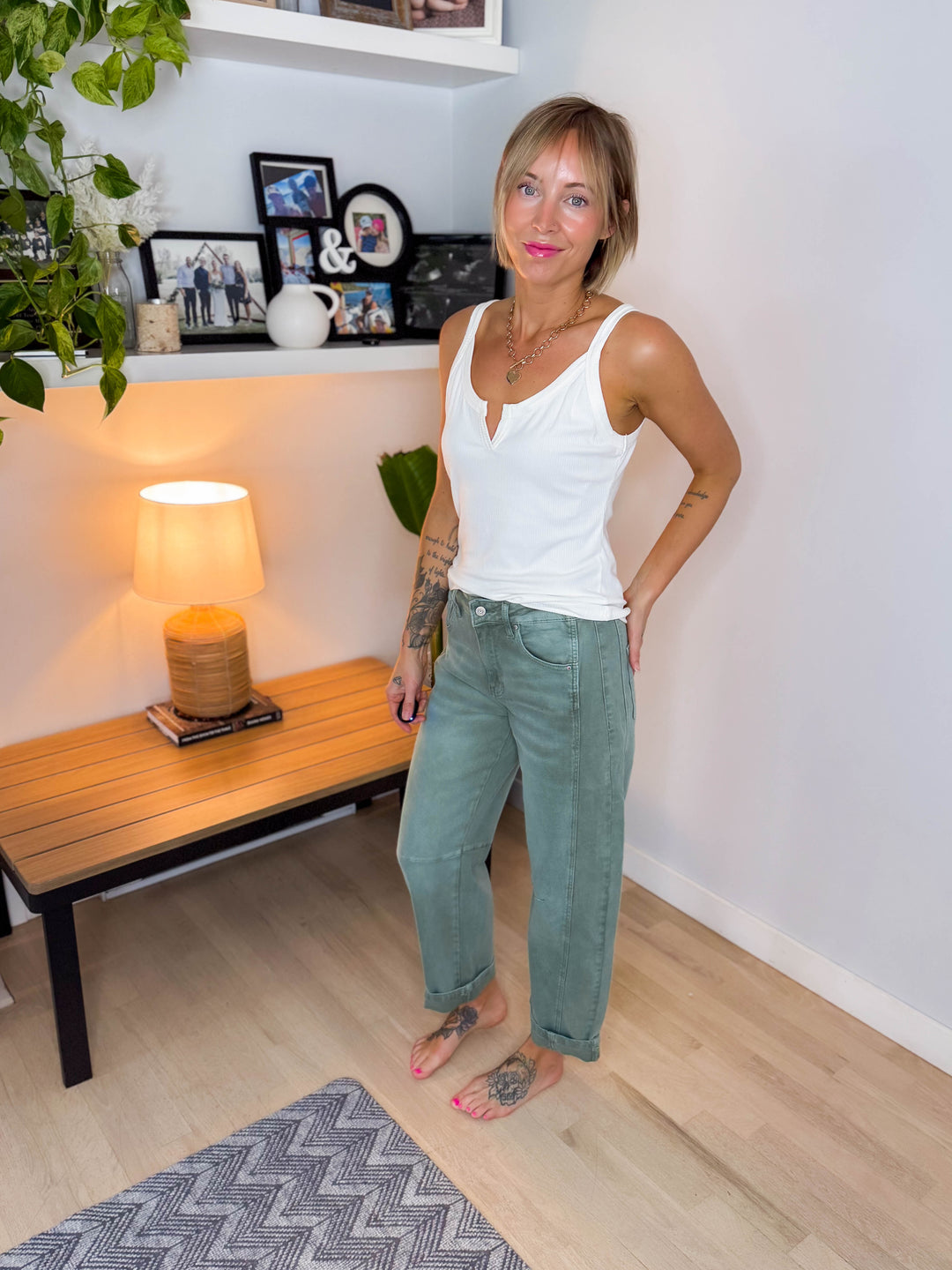 Cora Stretch Barrel Pant- WASHED OLIVE