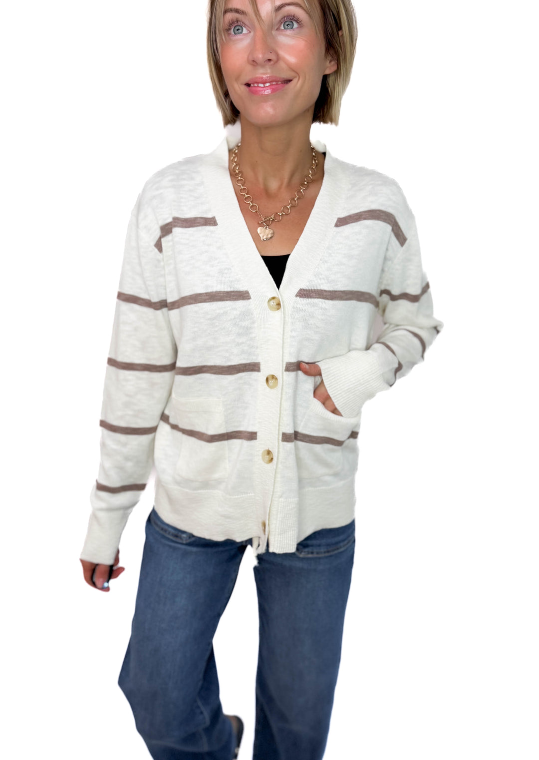 Hanelle Slub Knit Striped Cardigan- BROWN