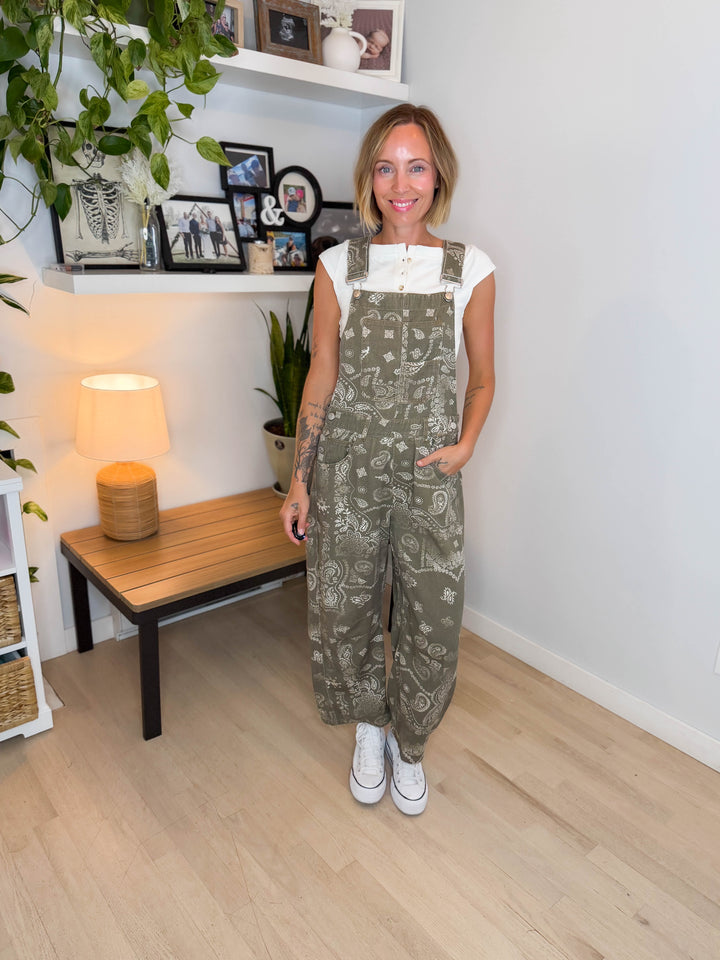 Lettie Paisley Print Barrel Overalls- VINTAGE ARMY