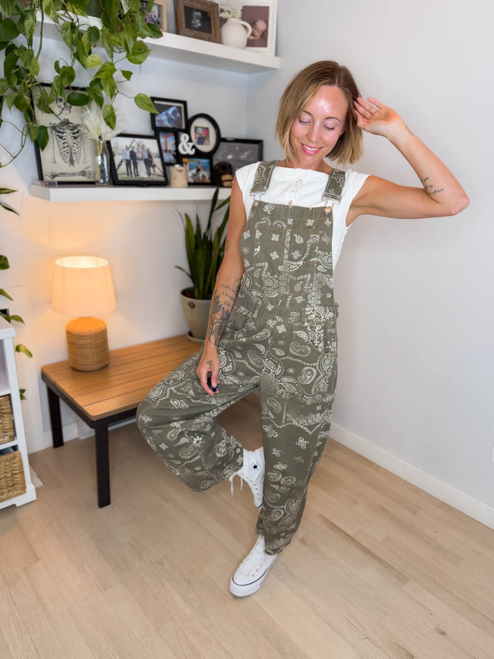 Lettie Paisley Print Barrel Overalls- VINTAGE ARMY