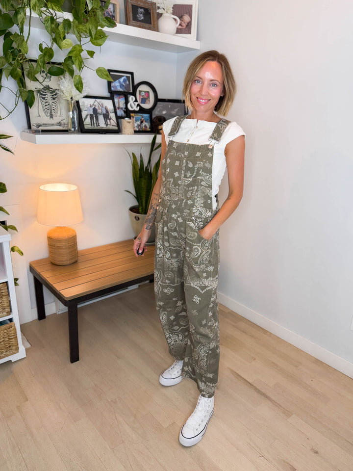 Lettie Paisley Print Barrel Overalls- VINTAGE ARMY