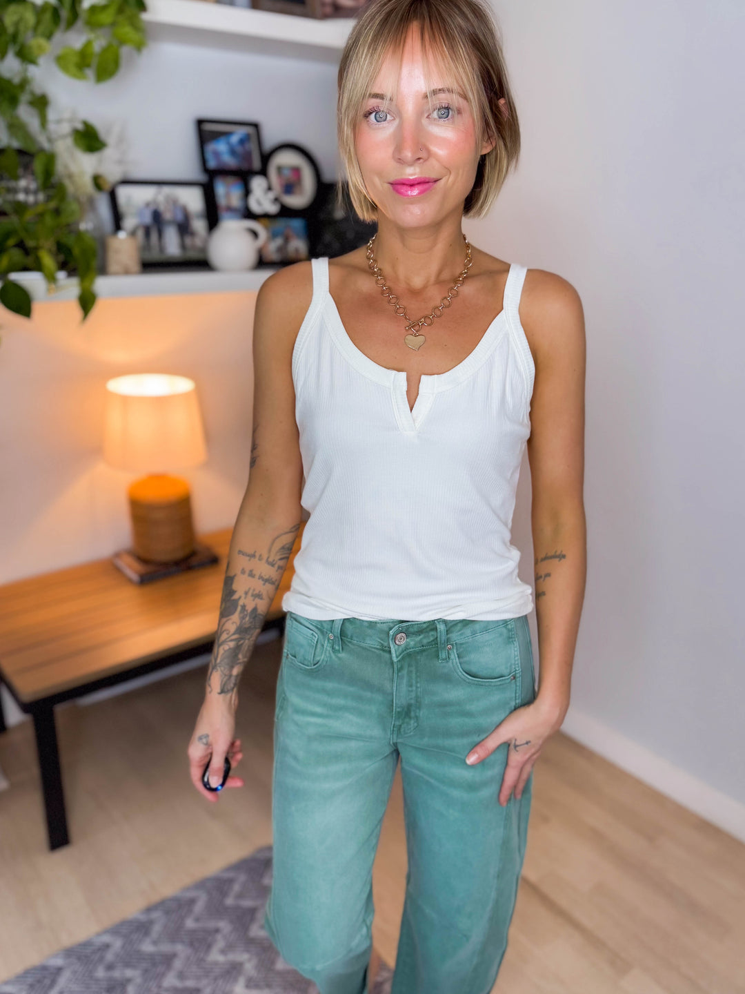 Morgan Ribbed Knit Cami With Notch Detail- OFF WHITE