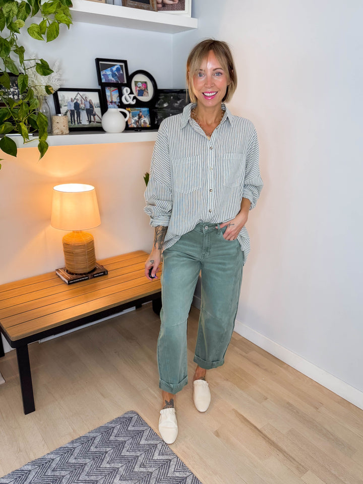 Gia Button Down Long Sleeve- GREEN