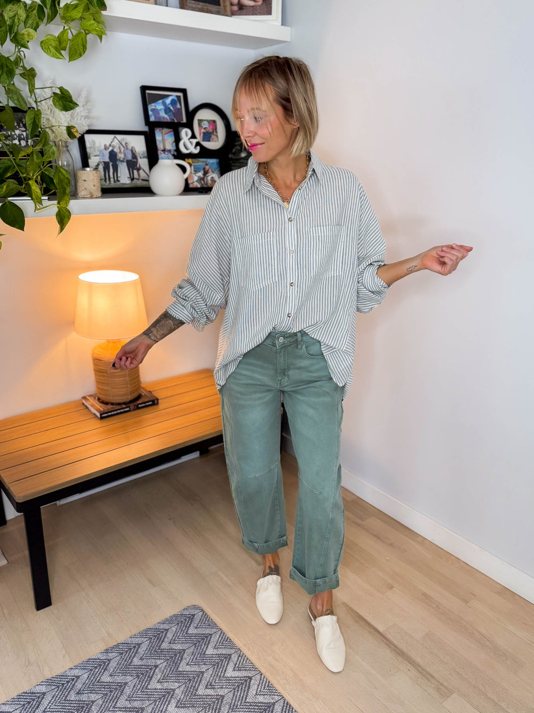 Gia Button Down Long Sleeve- GREEN