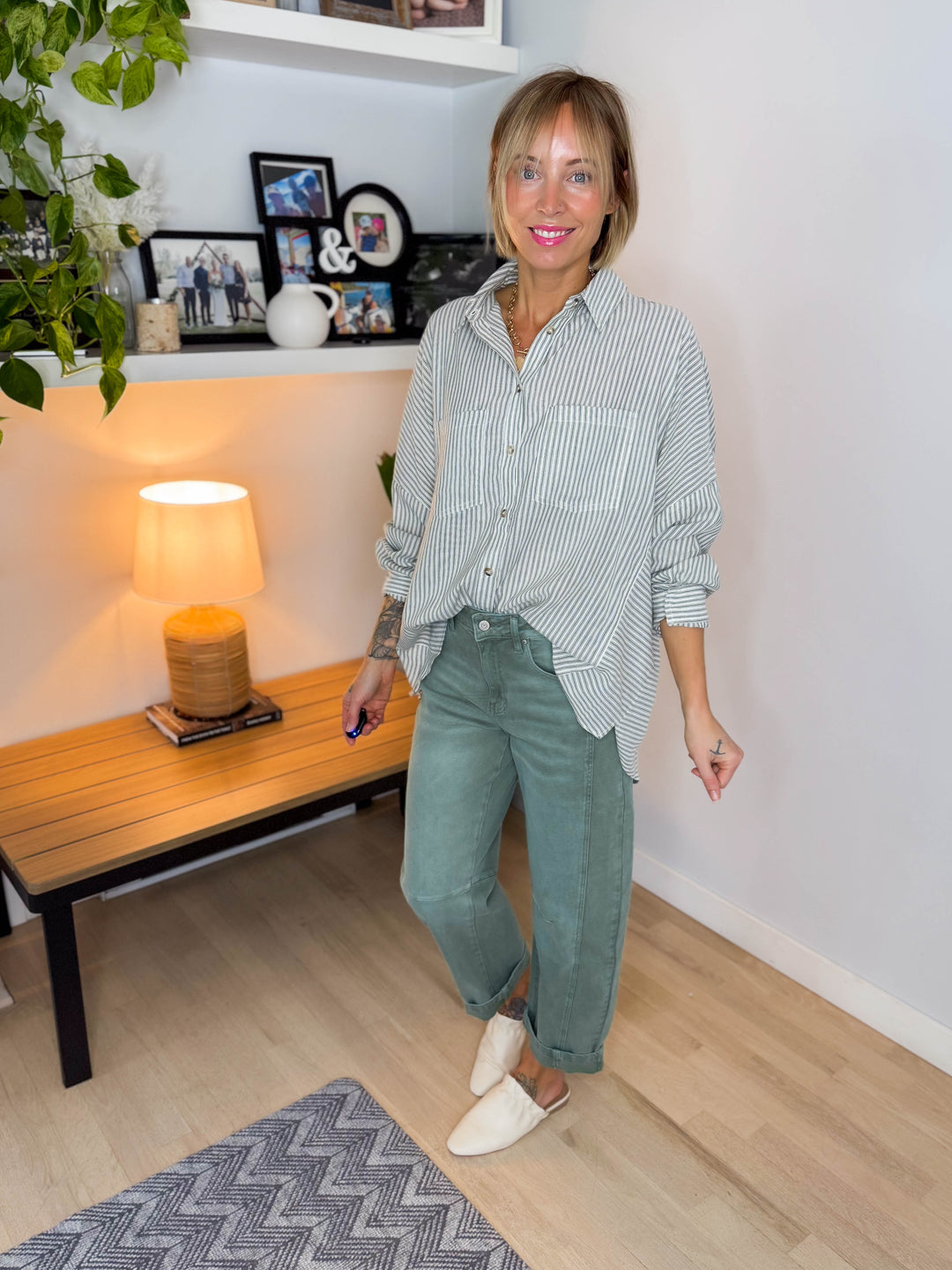 Gia Button Down Long Sleeve- GREEN