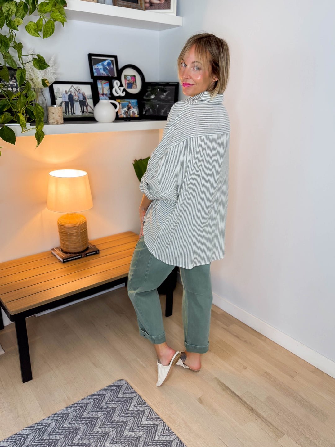 Gia Button Down Long Sleeve- GREEN