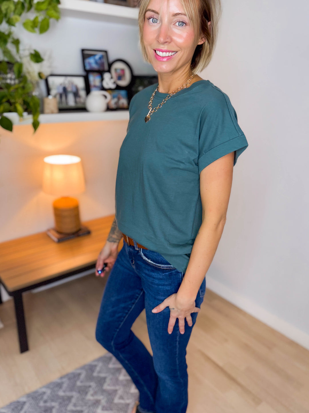 Addison Cotton Folded Sleeve T-Shirt- ASH JADE