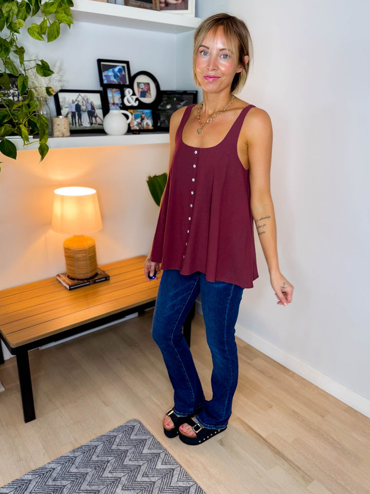 Kalli Cotton Gauze Button Tank- RED BEAN