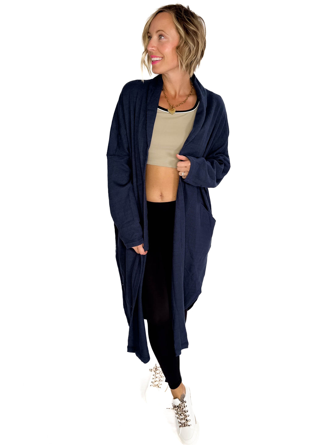 Ginny Thermal Knit Oversized Cardigan- DARK NAVY-FINAL SALE