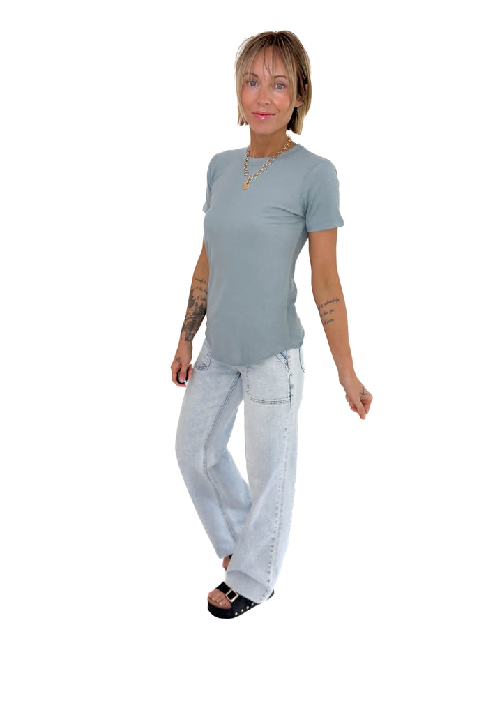 Odette Ribbed Short Sleeve- BLUE GREY