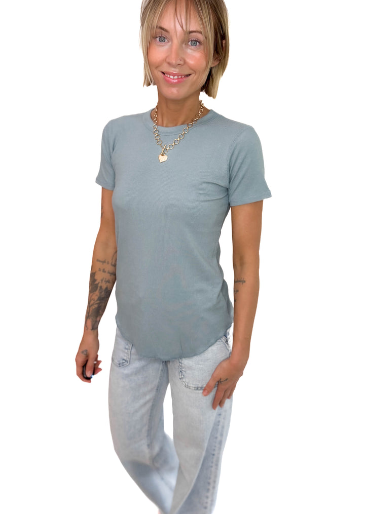 Odette Ribbed Short Sleeve- BLUE GREY