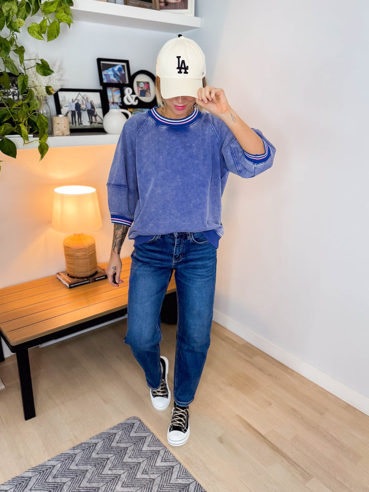 Alaina 1/2 Sleeve Pullover- WASHED DENIM