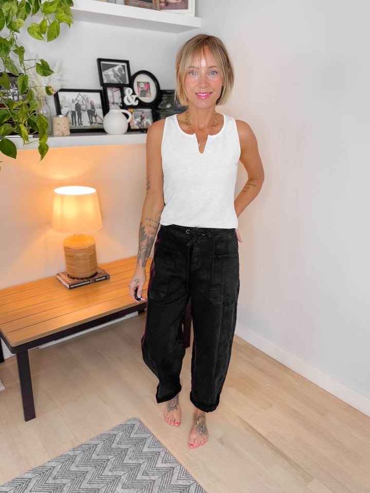 Zuri Rib Knit Tank With Notch Details- IVORY