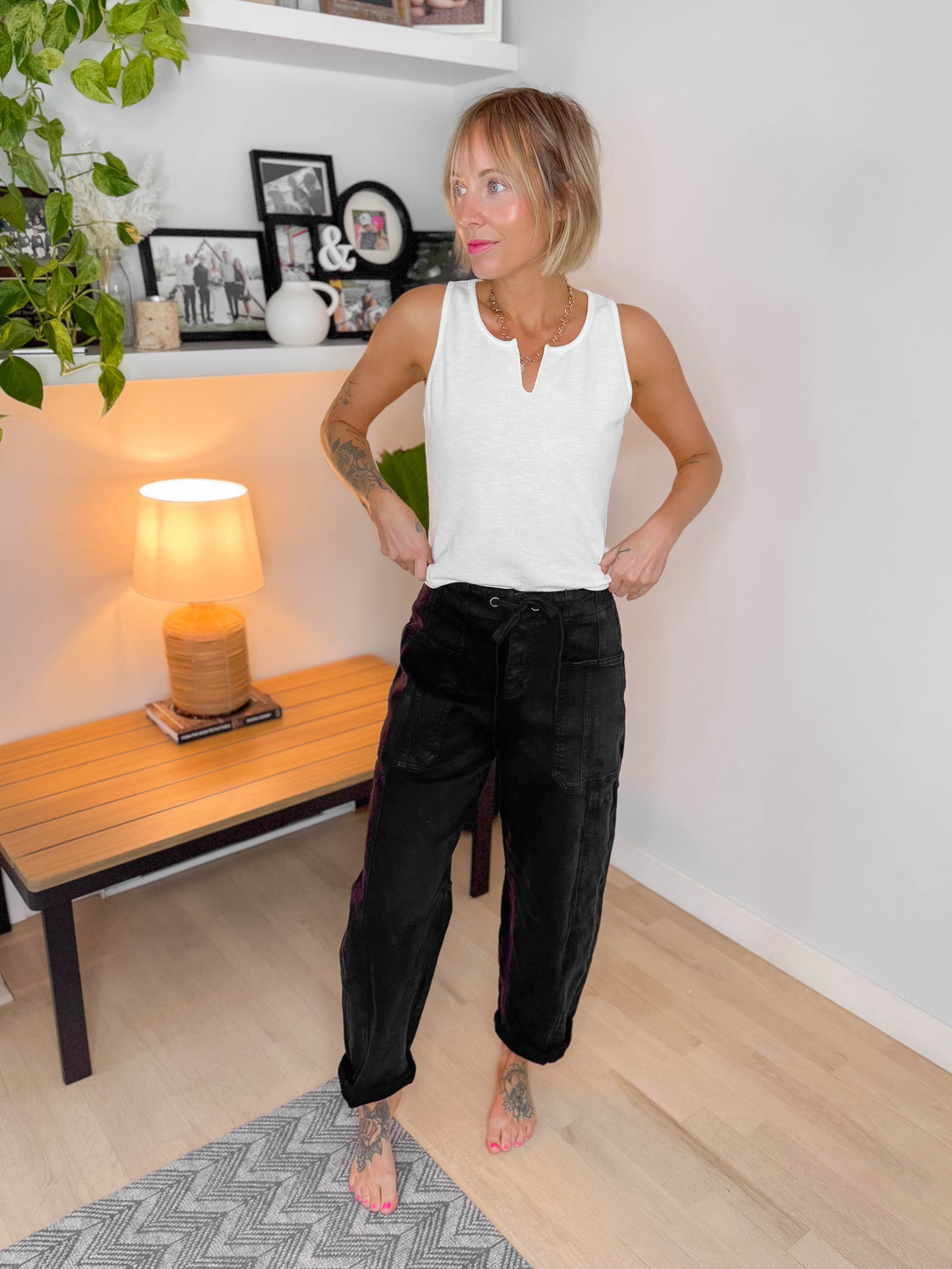 Zuri Rib Knit Tank With Notch Details- IVORY