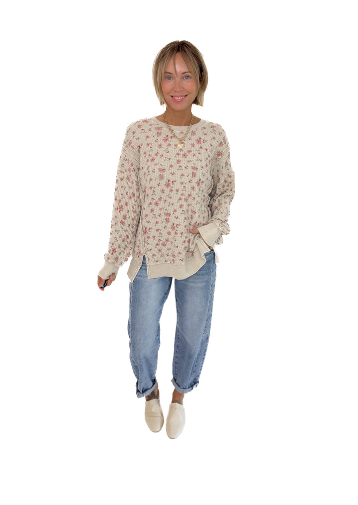 Sabrina Ditsy Floral Thermal Knit Pullover- STONE
