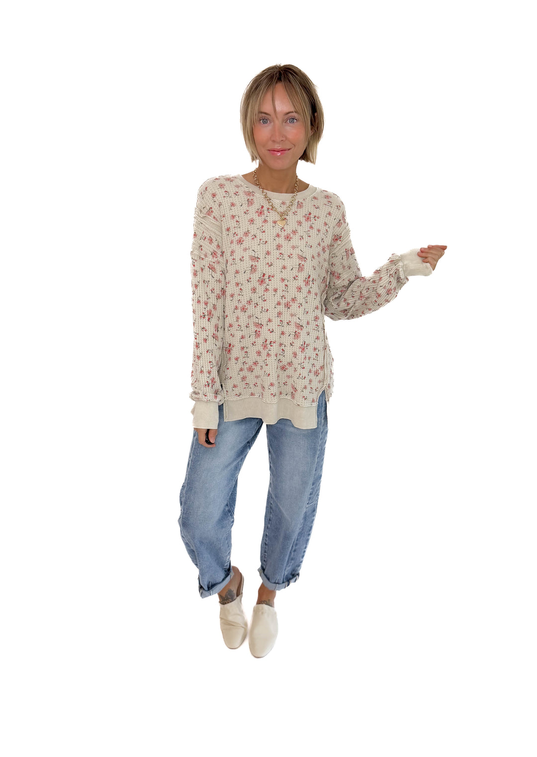 Sabrina Ditsy Floral Thermal Knit Pullover- STONE