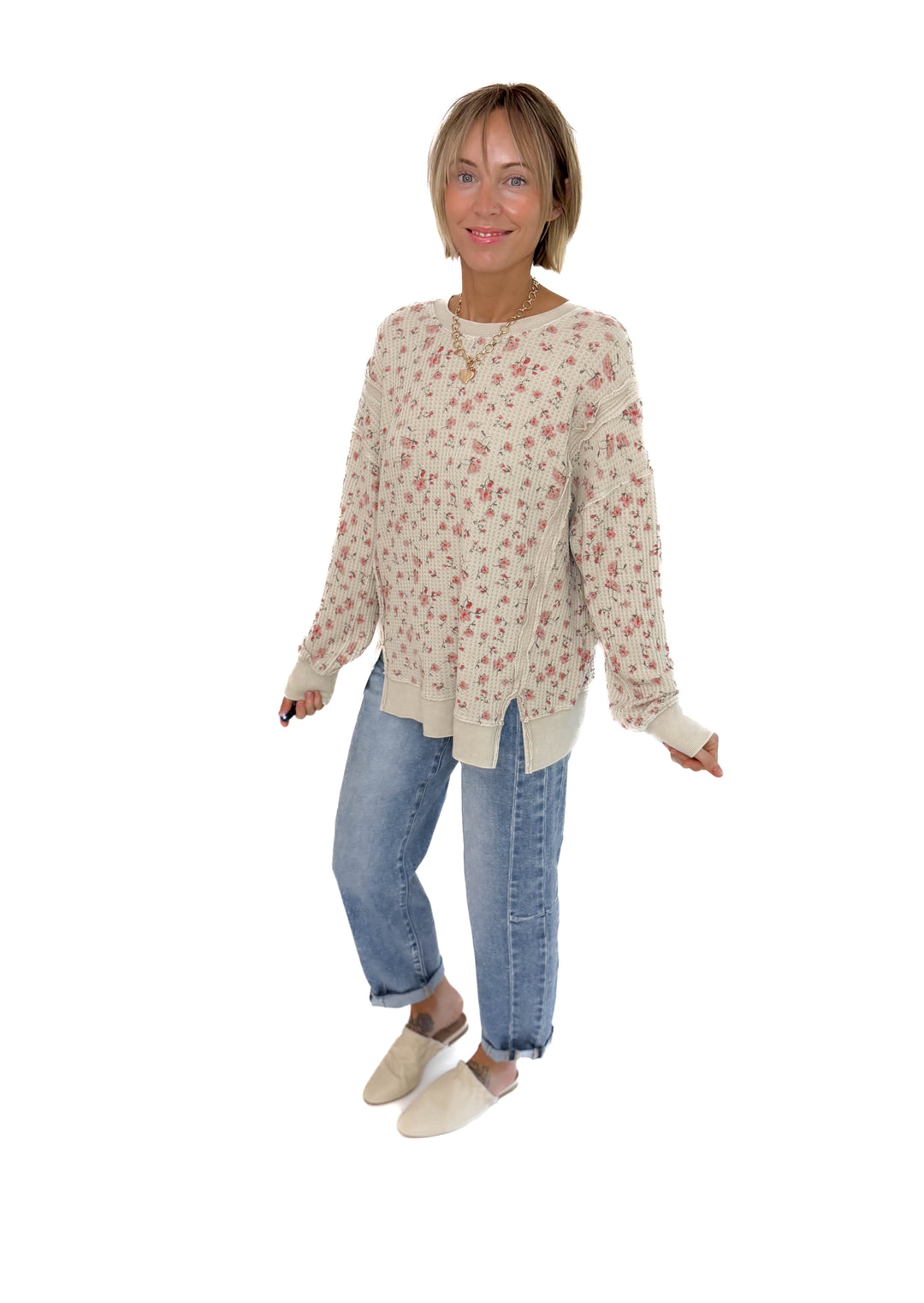 Sabrina Ditsy Floral Thermal Knit Pullover- STONE