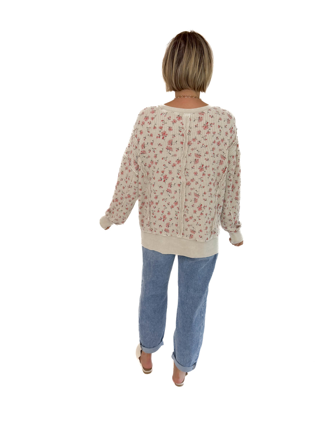 Sabrina Ditsy Floral Thermal Knit Pullover- STONE