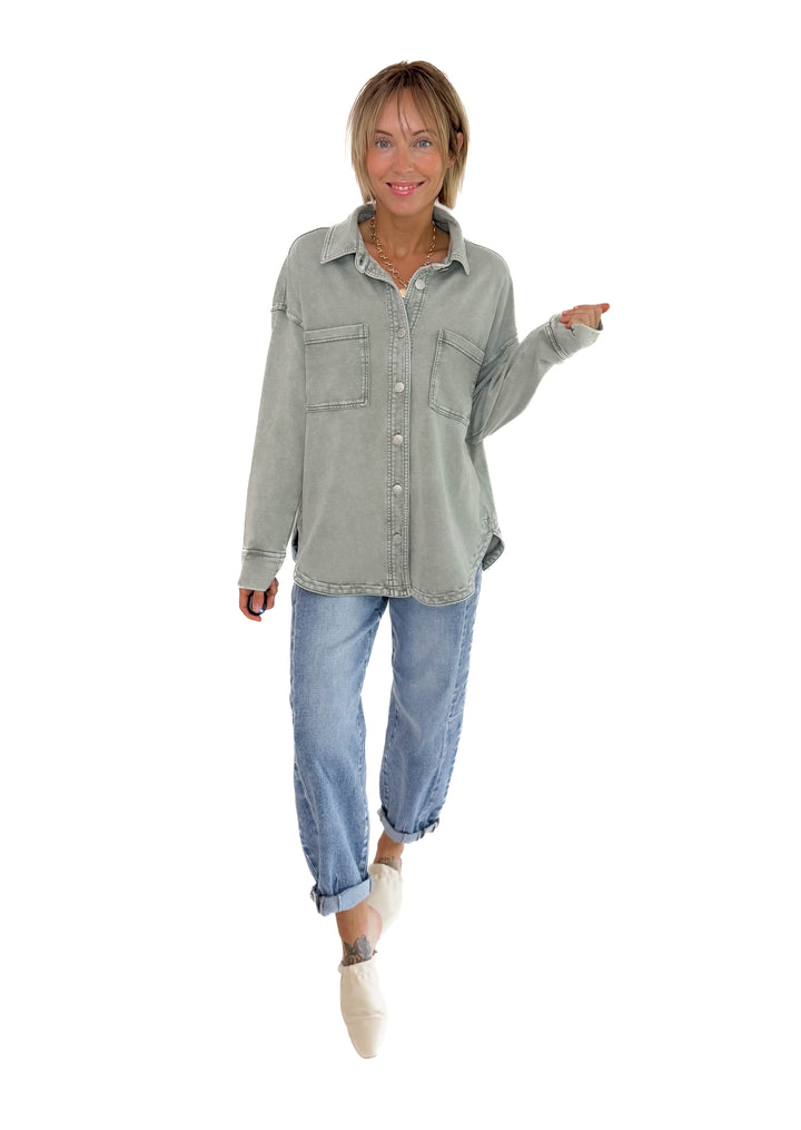 Grace Soft Terry Washed Shacket- SAGE