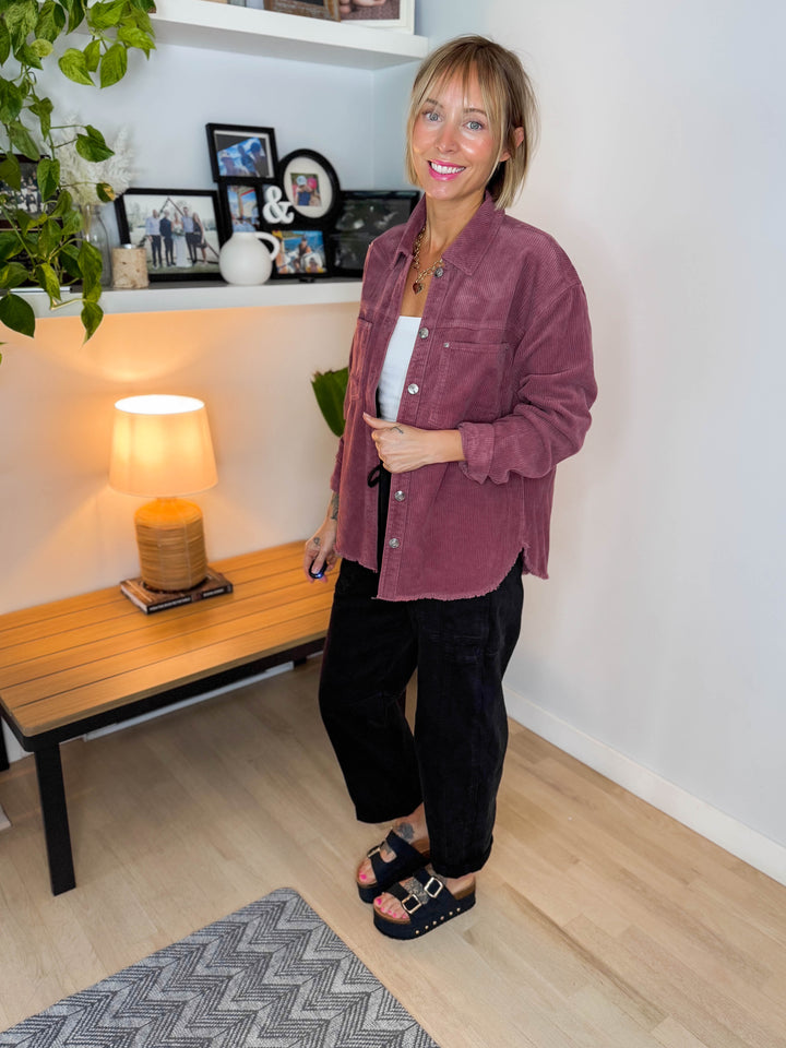 ONLY Maiko Distressed Corduroy Shacket- ROSE BROWN