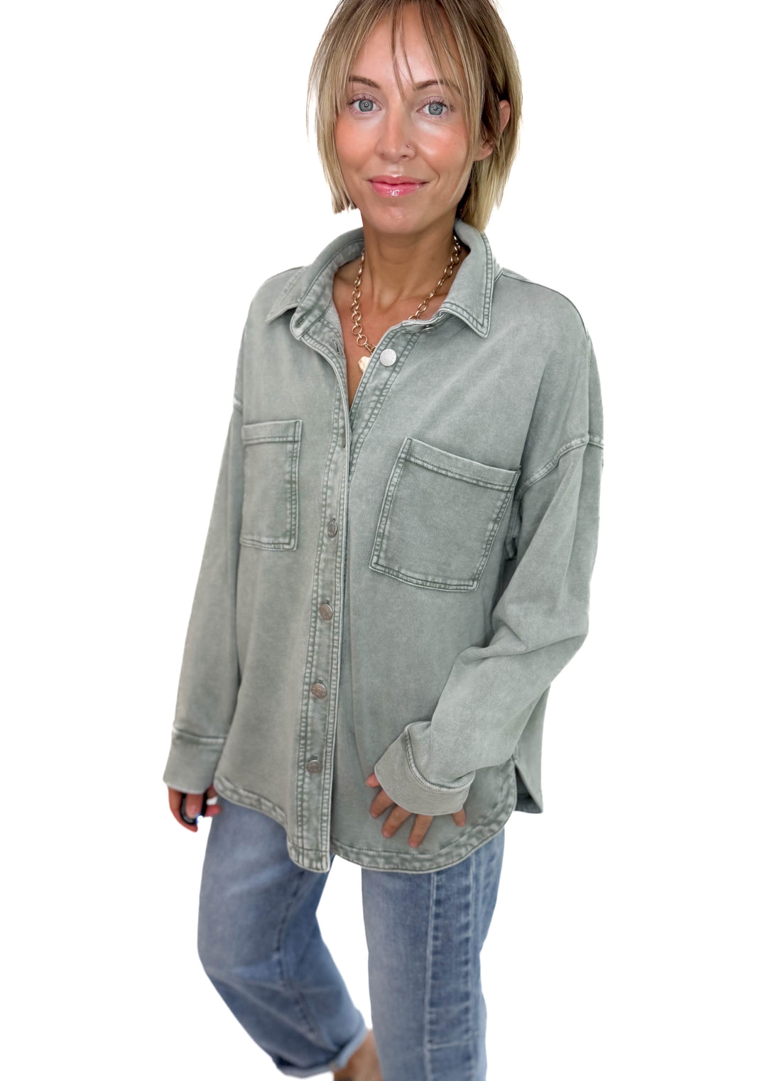 Grace Soft Terry Washed Shacket- SAGE