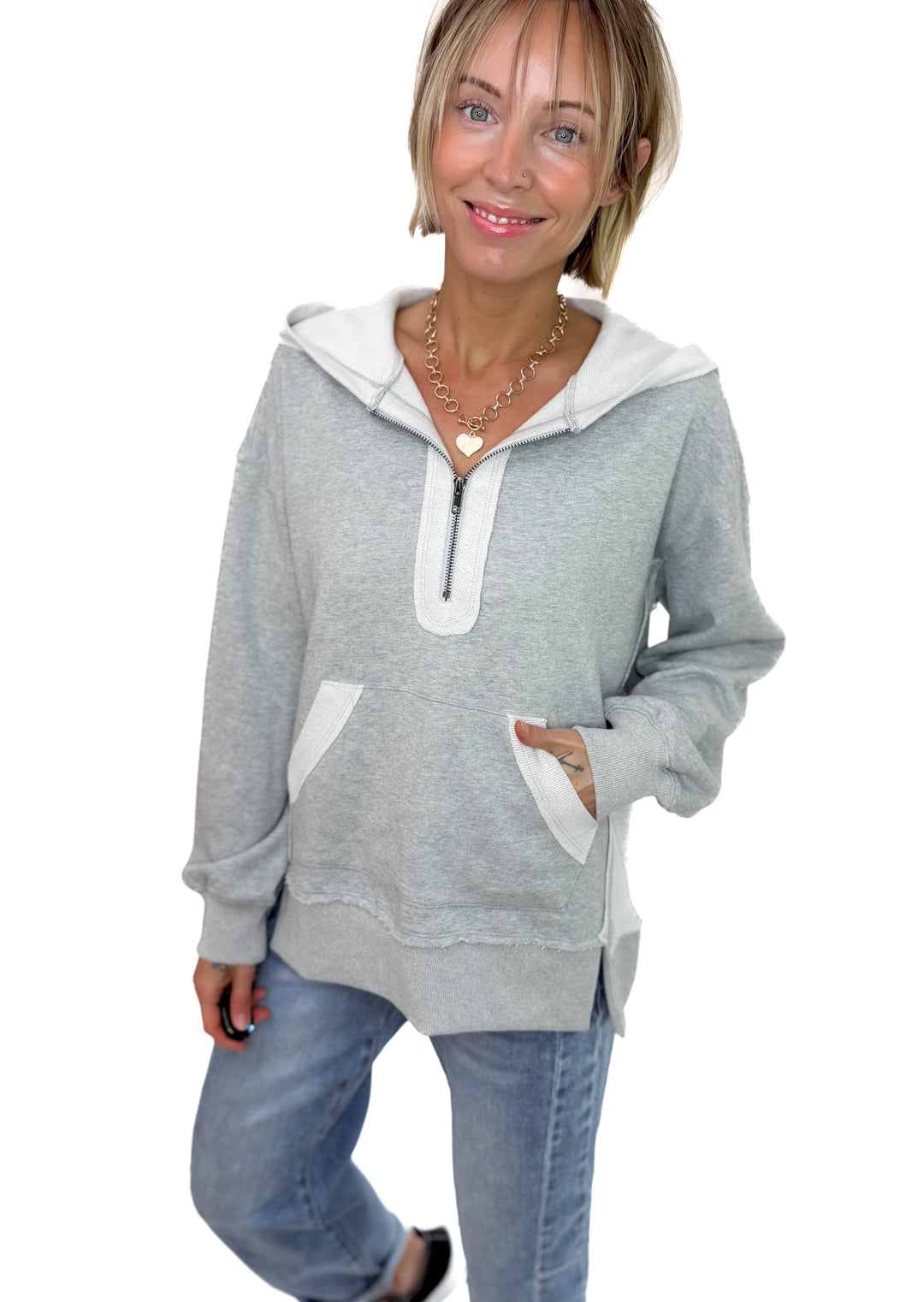 Stevie Half Zip Hoodie- HEATHER GREY