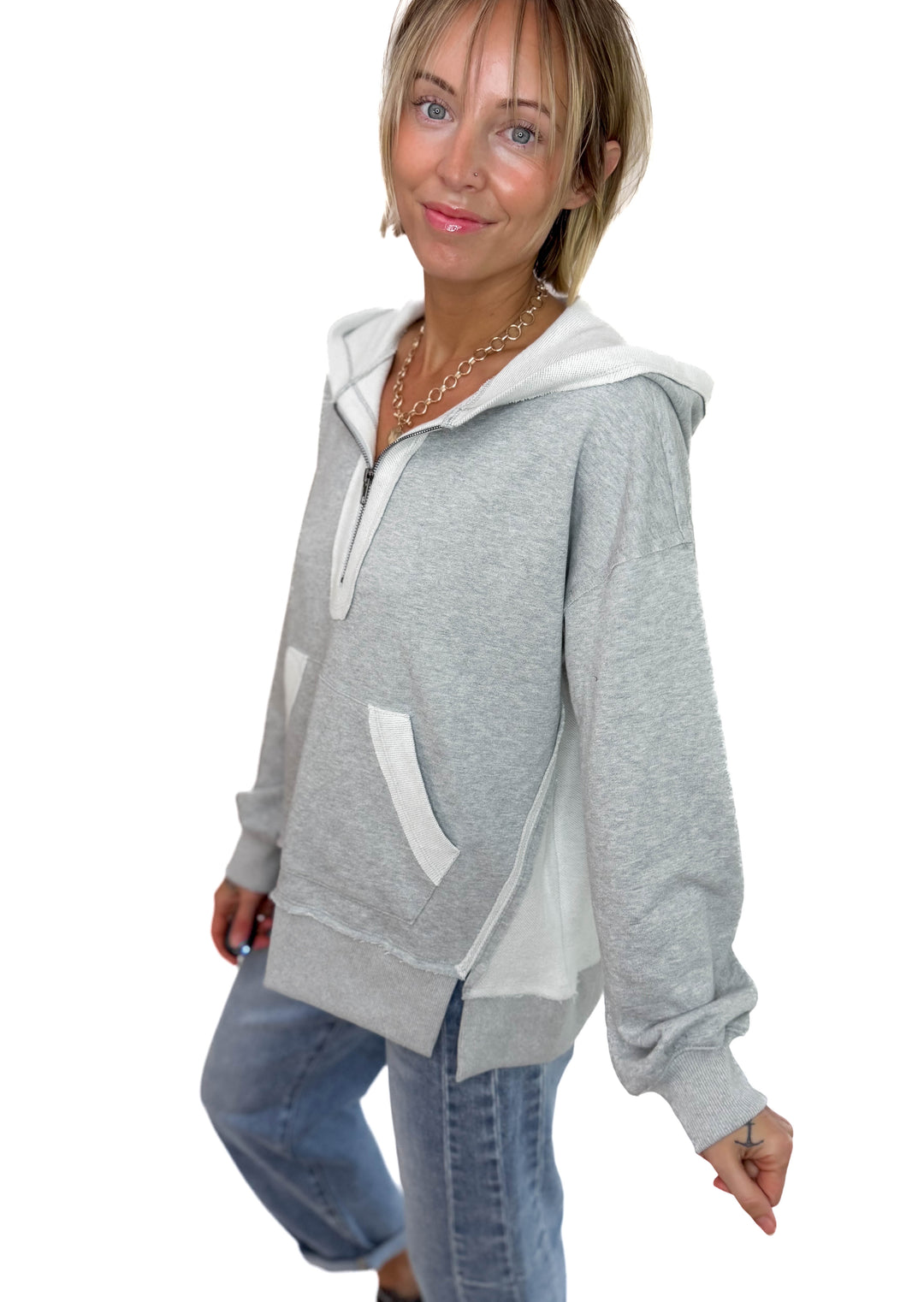 Stevie Half Zip Hoodie- HEATHER GREY