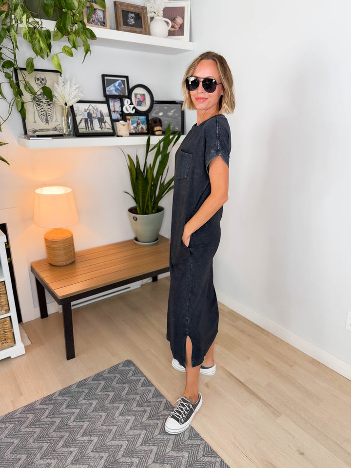 Northstar Washed Cotton Midi Dress- BLACK