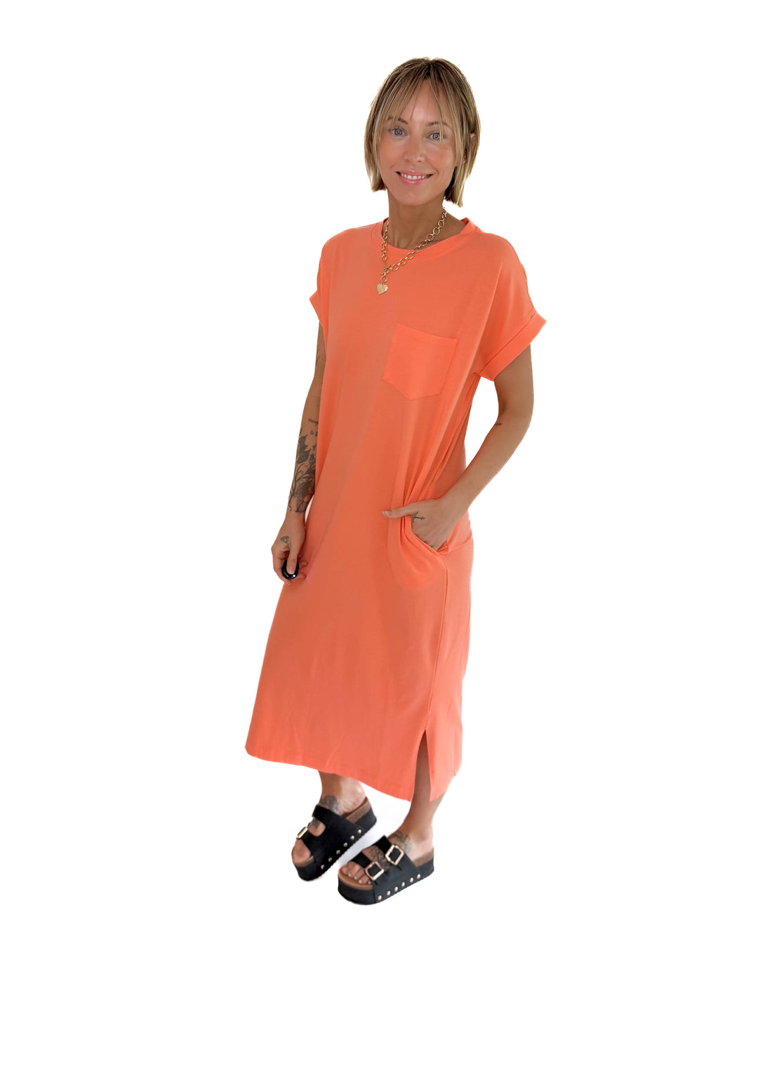 Yara Stretch Cotton Midi Dress- CORAL