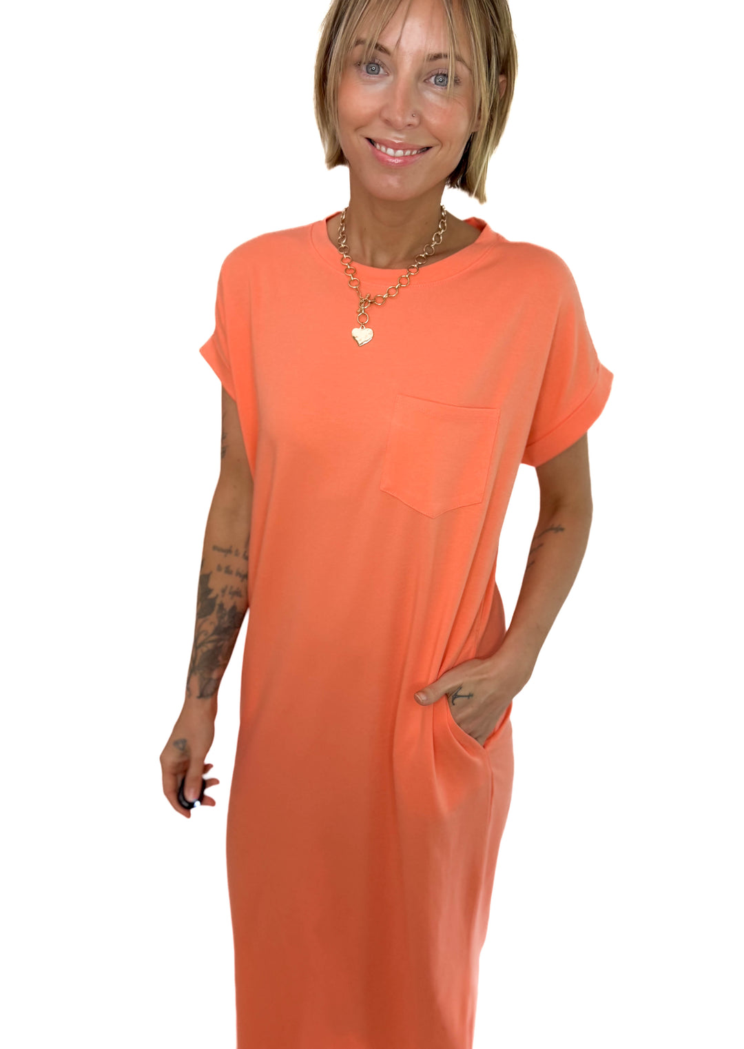 Yara Stretch Cotton Midi Dress- CORAL