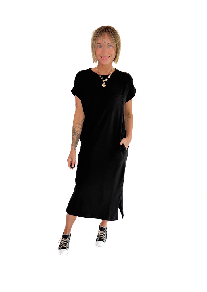 Yara Stretch Cotton Midi Dress- BLACK