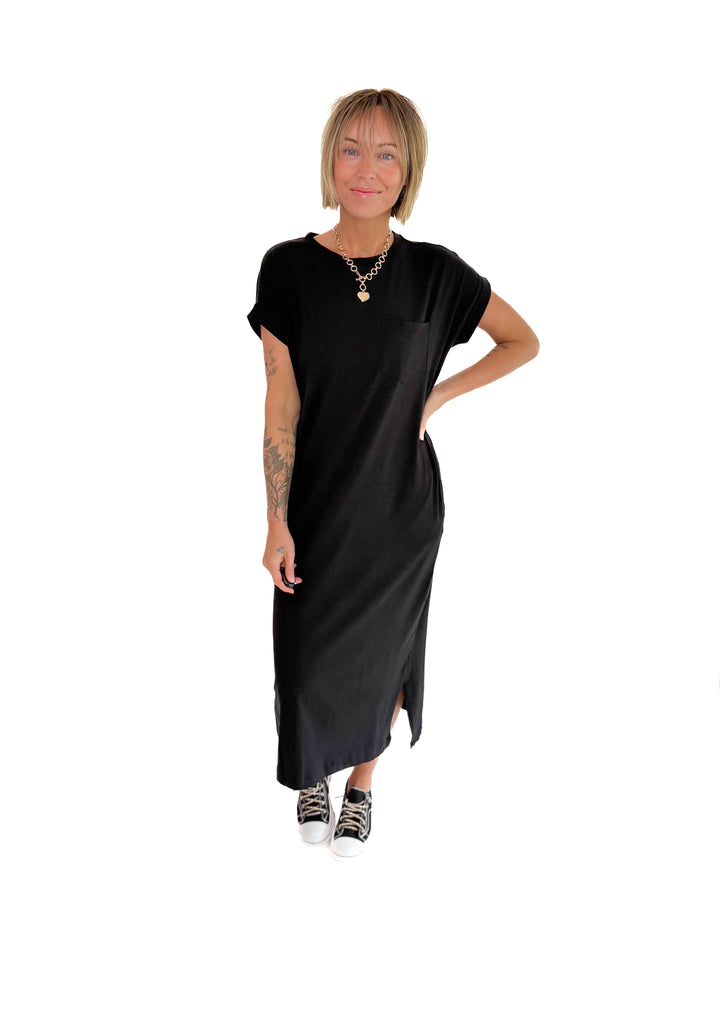 Yara Stretch Cotton Midi Dress- BLACK
