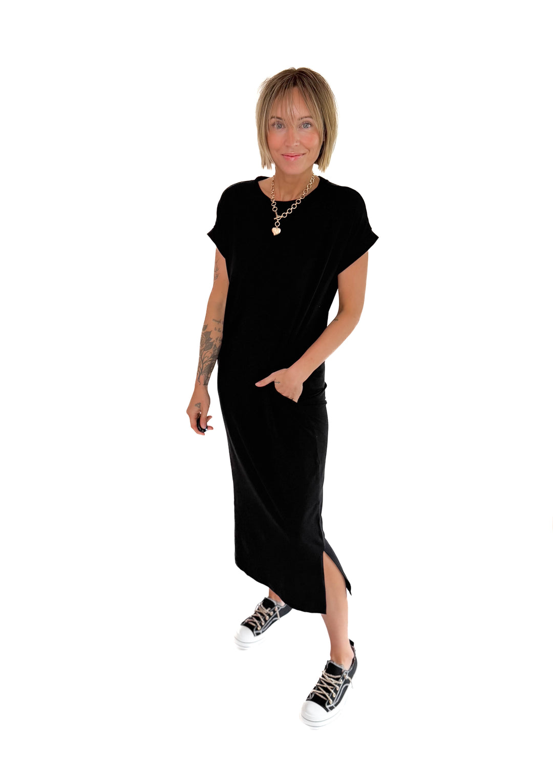 Yara Stretch Cotton Midi Dress- BLACK