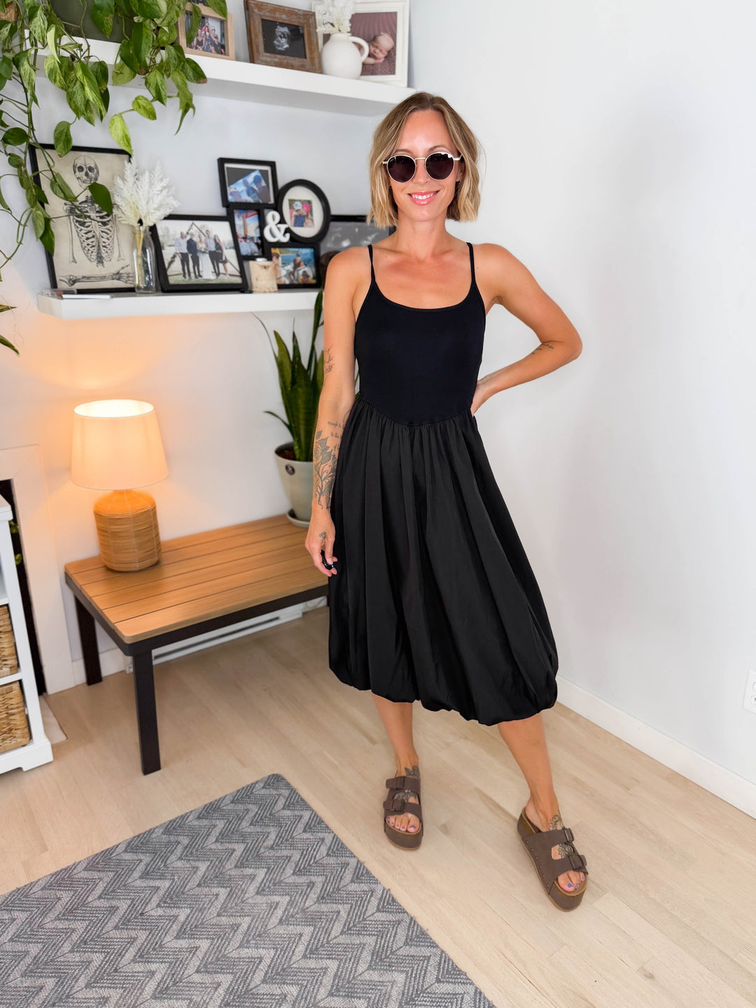 Rynlee Spaghetti Strap Bubble Midi Dress- BLACK