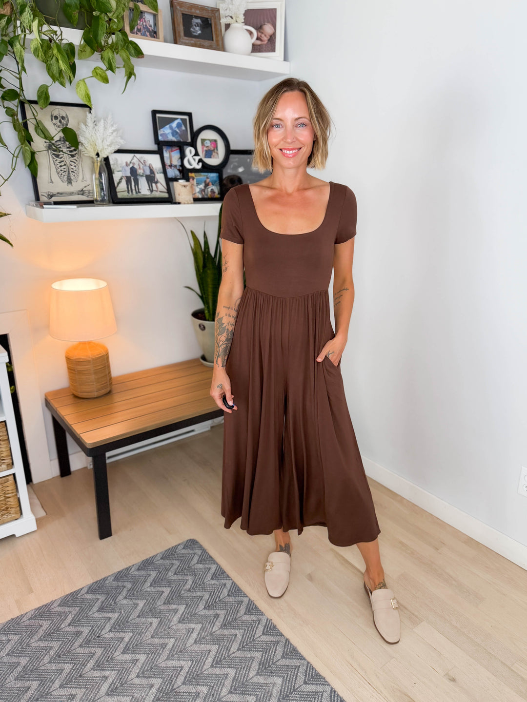 Winslet Double Layered Short Sleeve Jumpsuit- BROWN