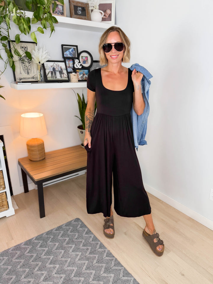 Winslet Double Layered Short Sleeve Jumpsuit- BLACK
