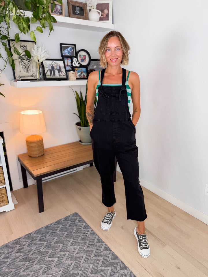 Story Washed Knot Strap Relaxed Fit Overalls- BLACK