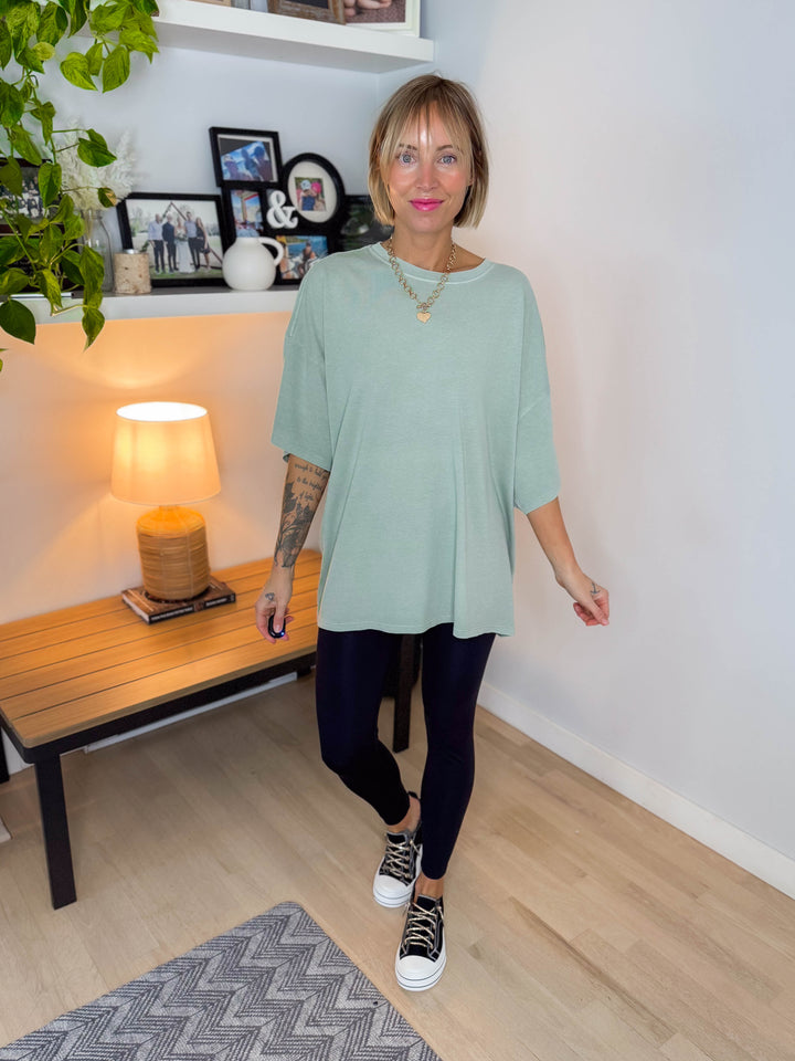 Keri Washed Cotton Boyfriend Tee- SAGE GREEN