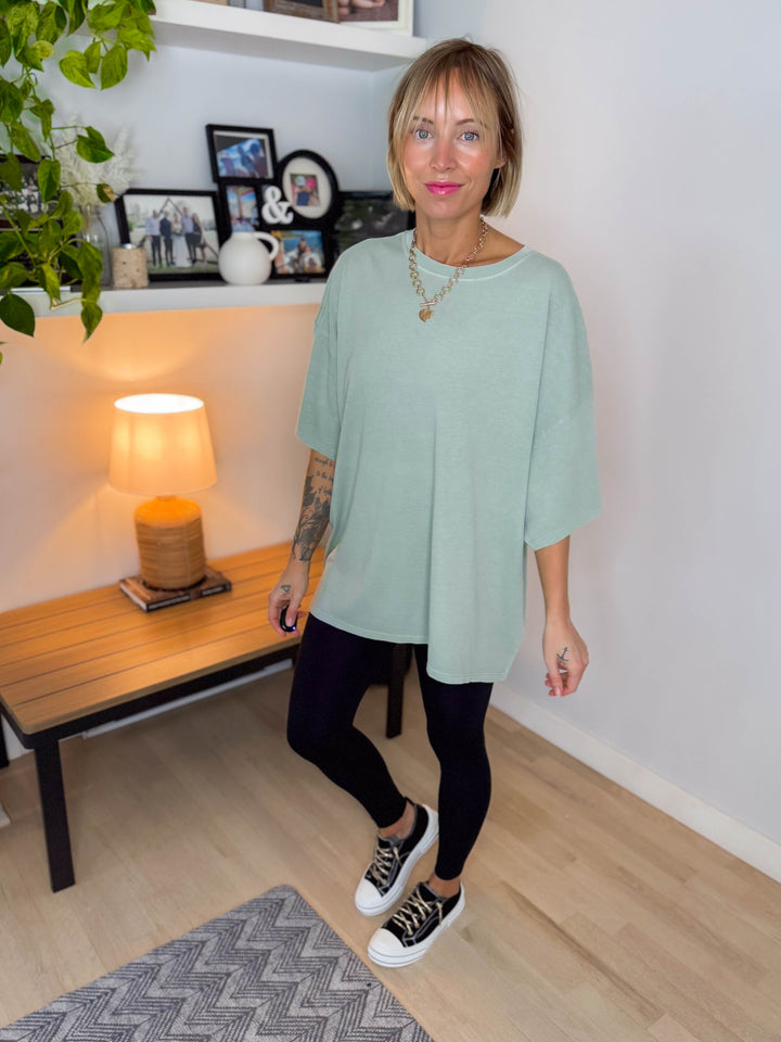 Keri Washed Cotton Boyfriend Tee- SAGE GREEN