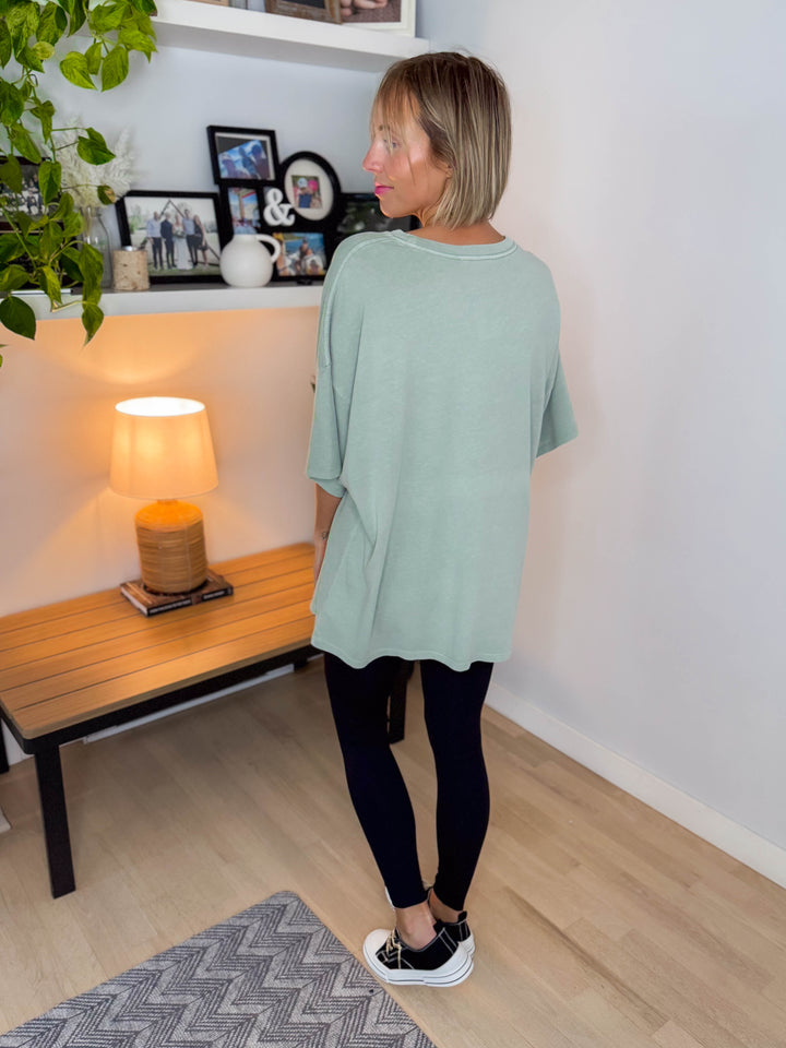 Keri Washed Cotton Boyfriend Tee- SAGE GREEN