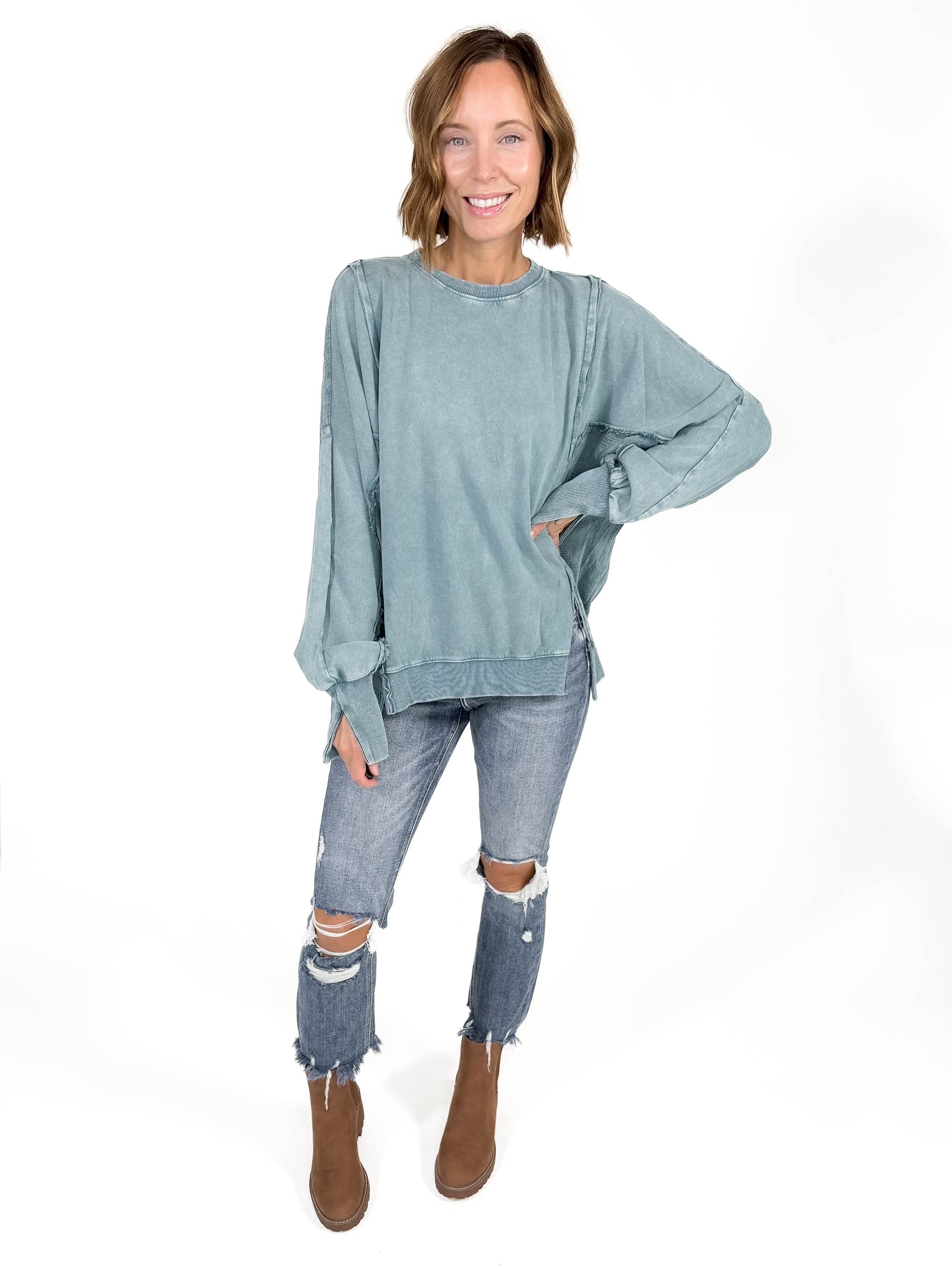 Isabella Contrast Pullover- TEAL GREEN -FINAL SALE