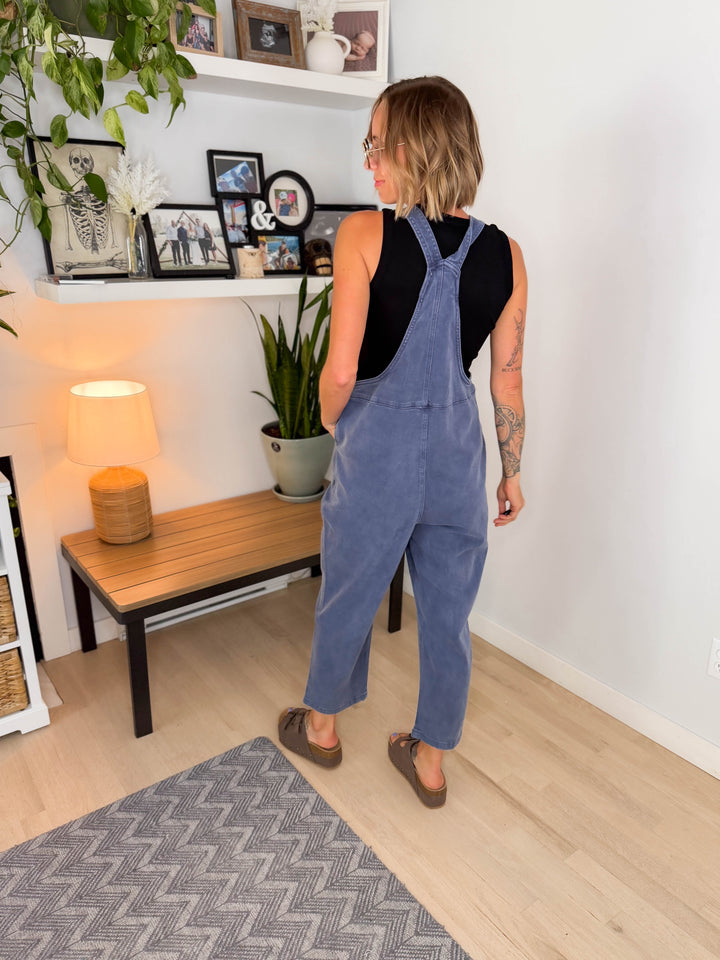 Story Washed Knot Strap Relaxed Fit Overalls- BLACKBERRY
