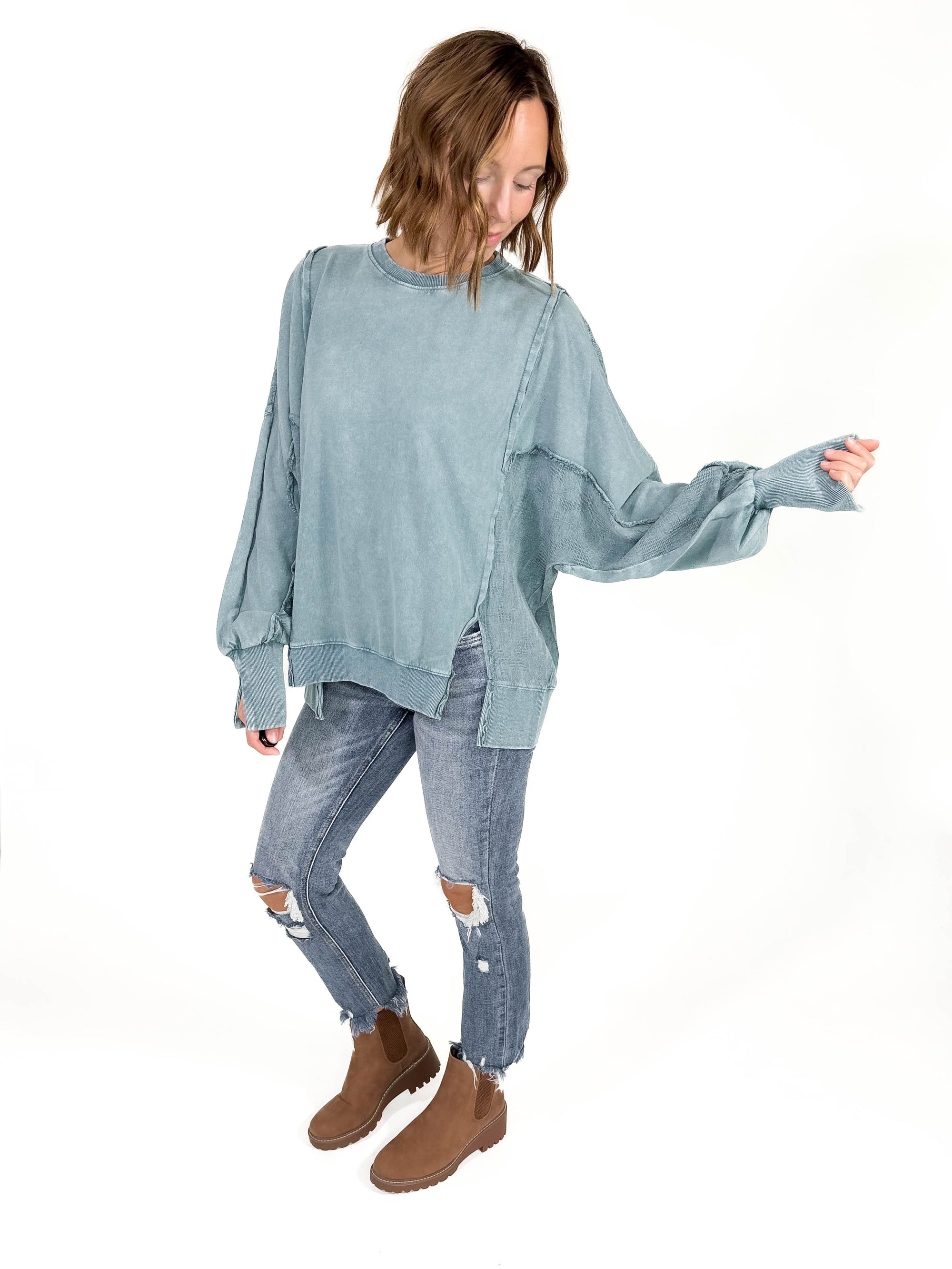 Isabella Contrast Pullover- TEAL GREEN -FINAL SALE