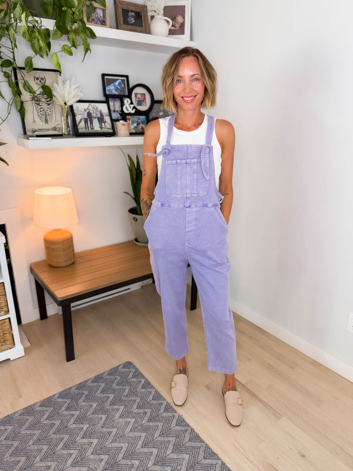 Story Washed Knot Strap Relaxed Fit Overalls- VIOLET