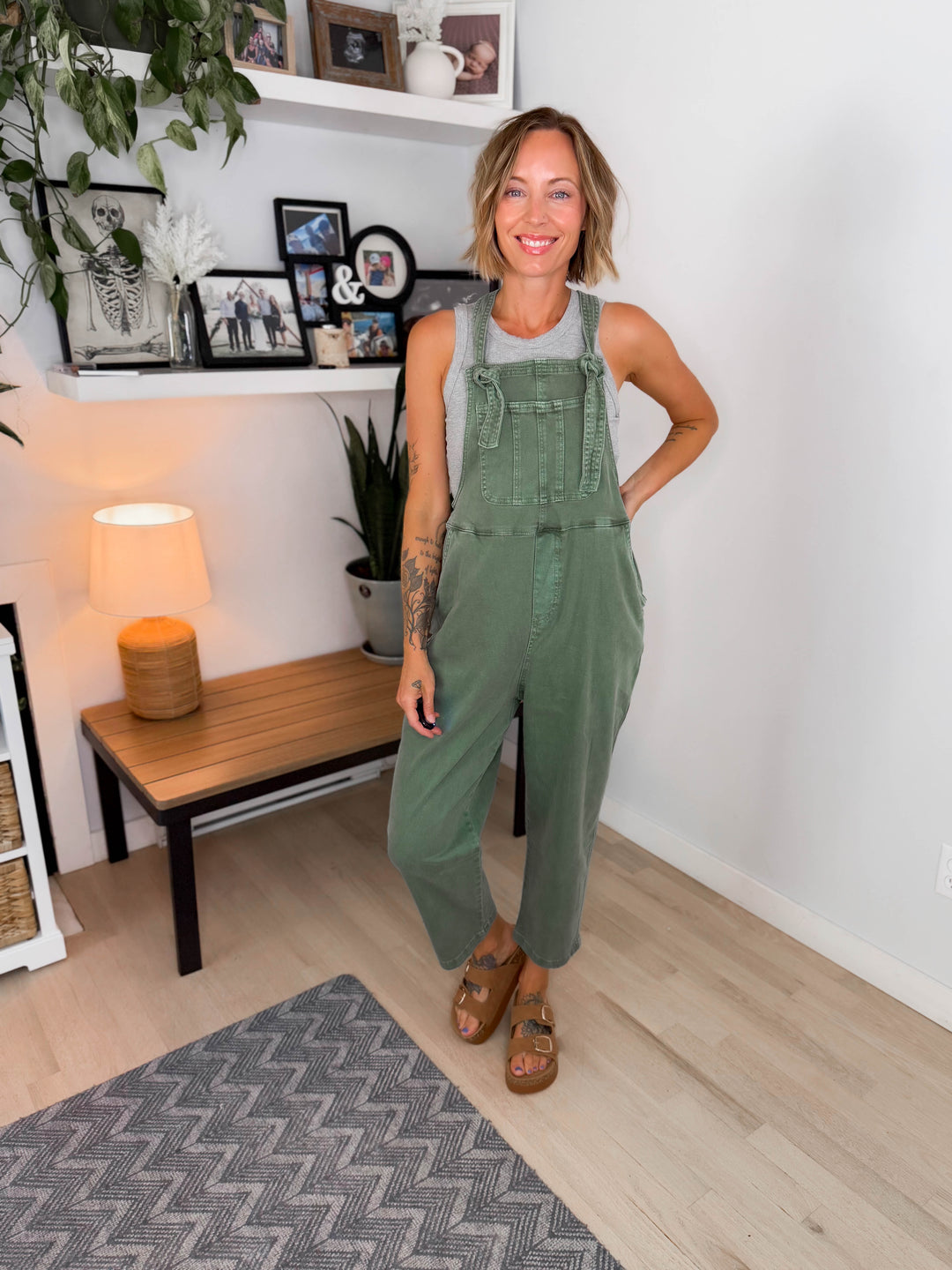 Story Washed Knot Strap Relaxed Fit Overalls- OLIVE