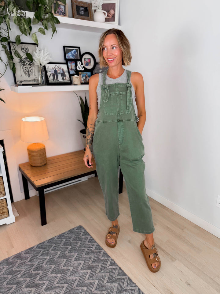 Story Washed Knot Strap Relaxed Fit Overalls- OLIVE