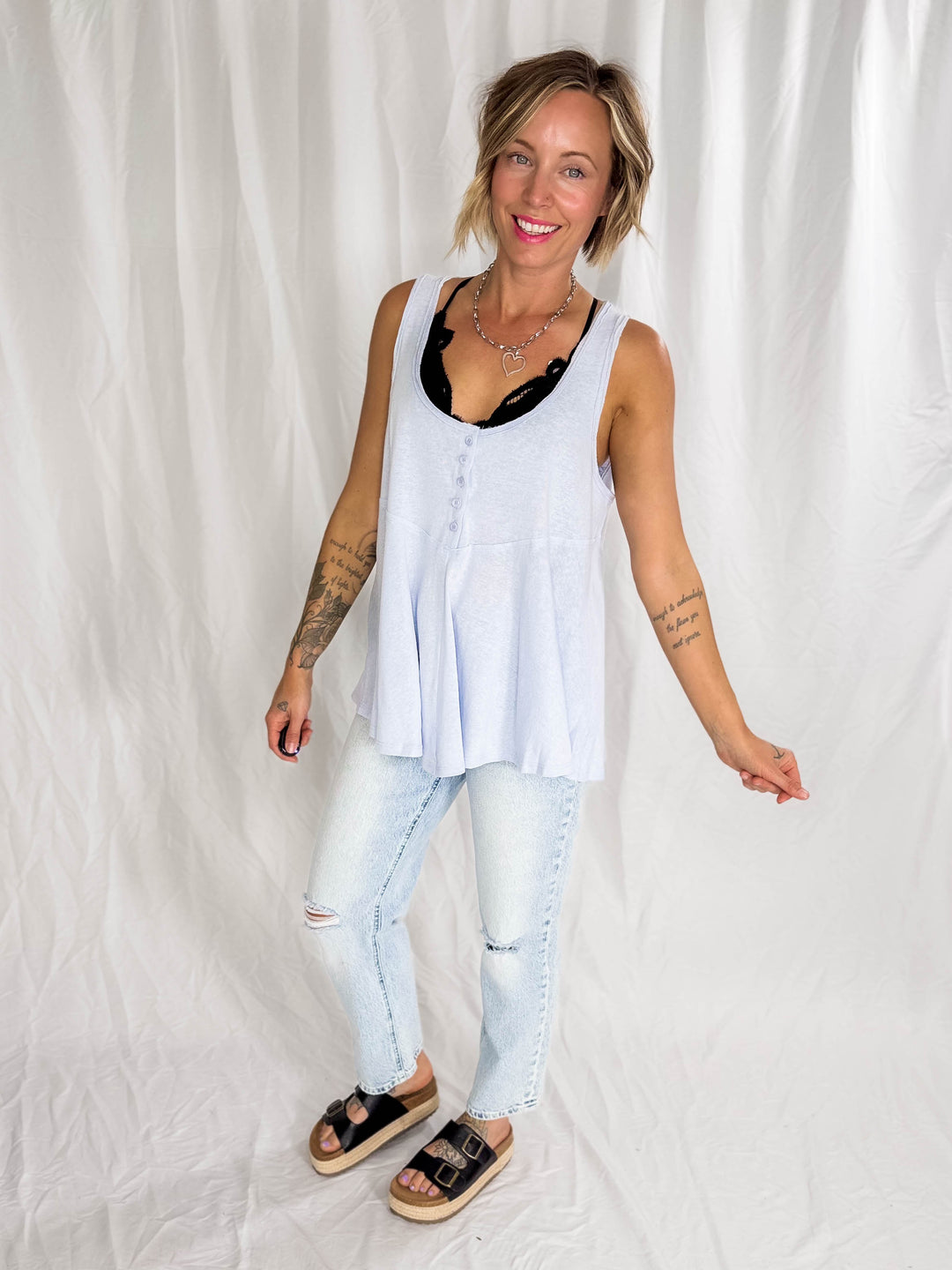Jocelyn Swing Knit Tank Top With Raw Edge Detail- LIGHT BLUE-FINAL SALE